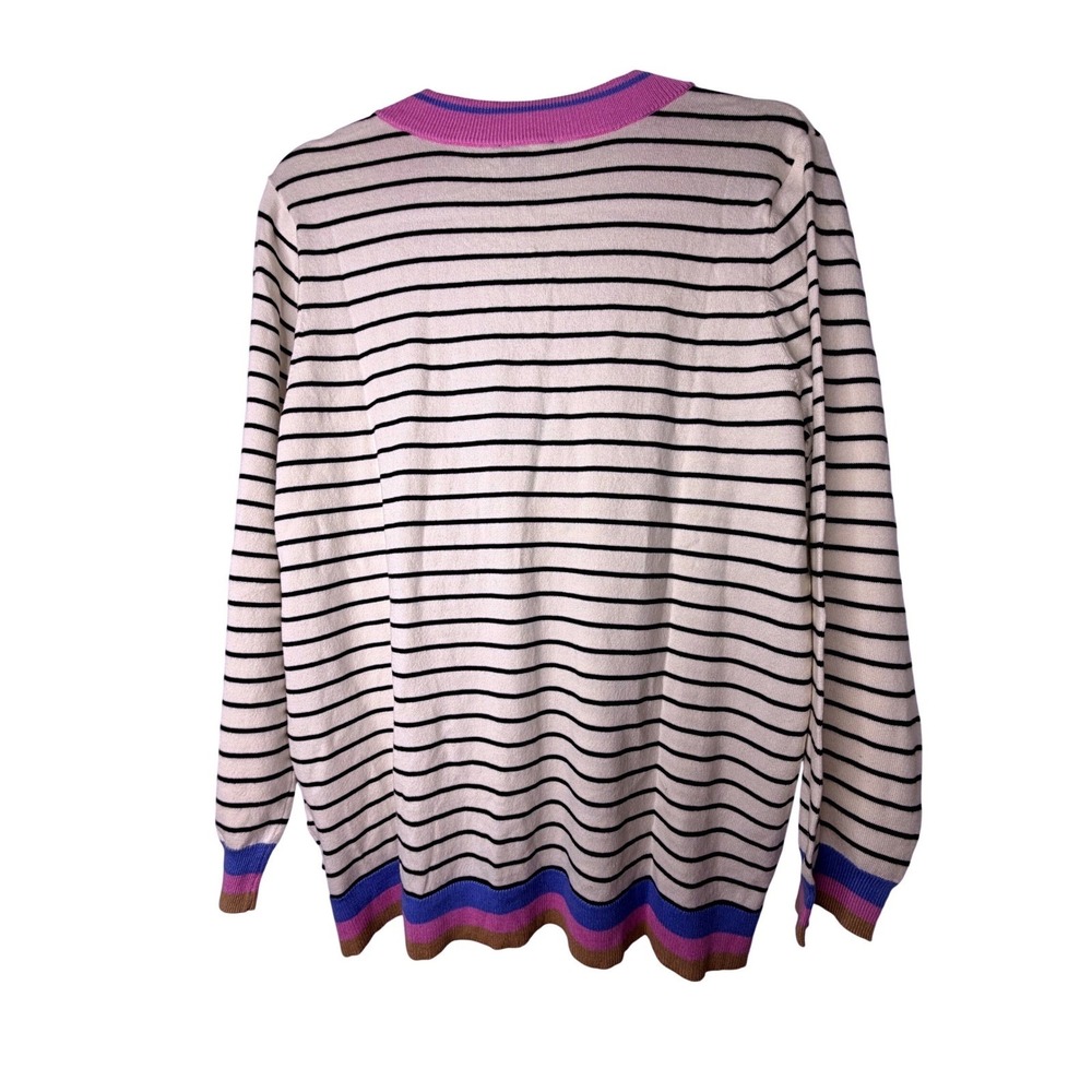 Jones New York Striped V-Neck Sweater Pink Blue Trim Ivory Black Women's M NEW - Picture 6 of 6